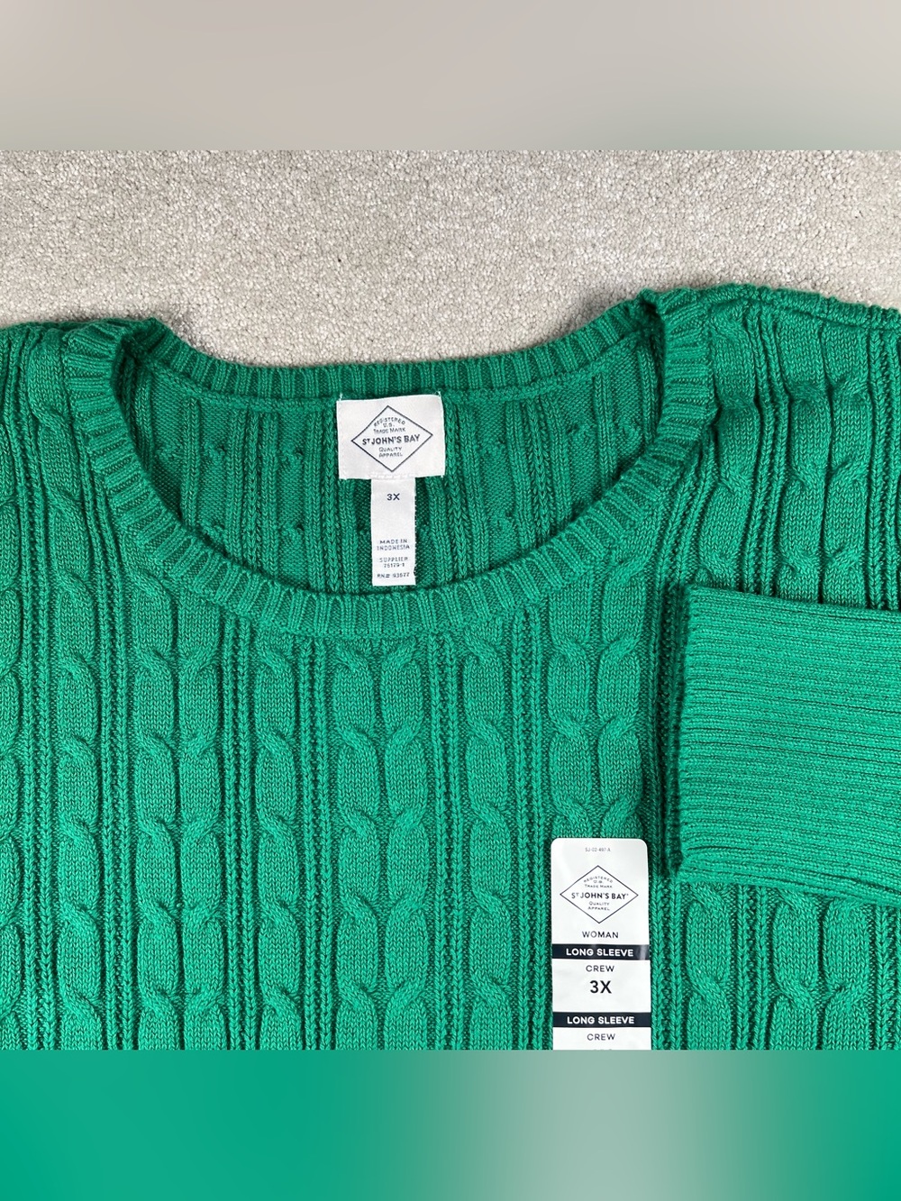 St Johns Bay Sweater Green Classic Cable Knit Casual NWT Crew Pullover womens 3X